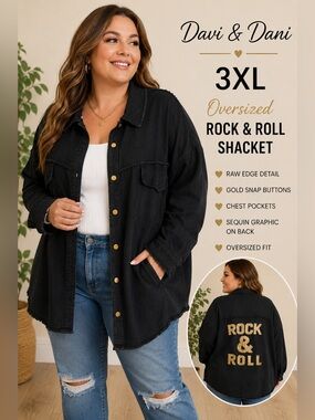 Davi & Dani 3XL Black Rock & Roll Sequin Back Oversized Longline Shacket